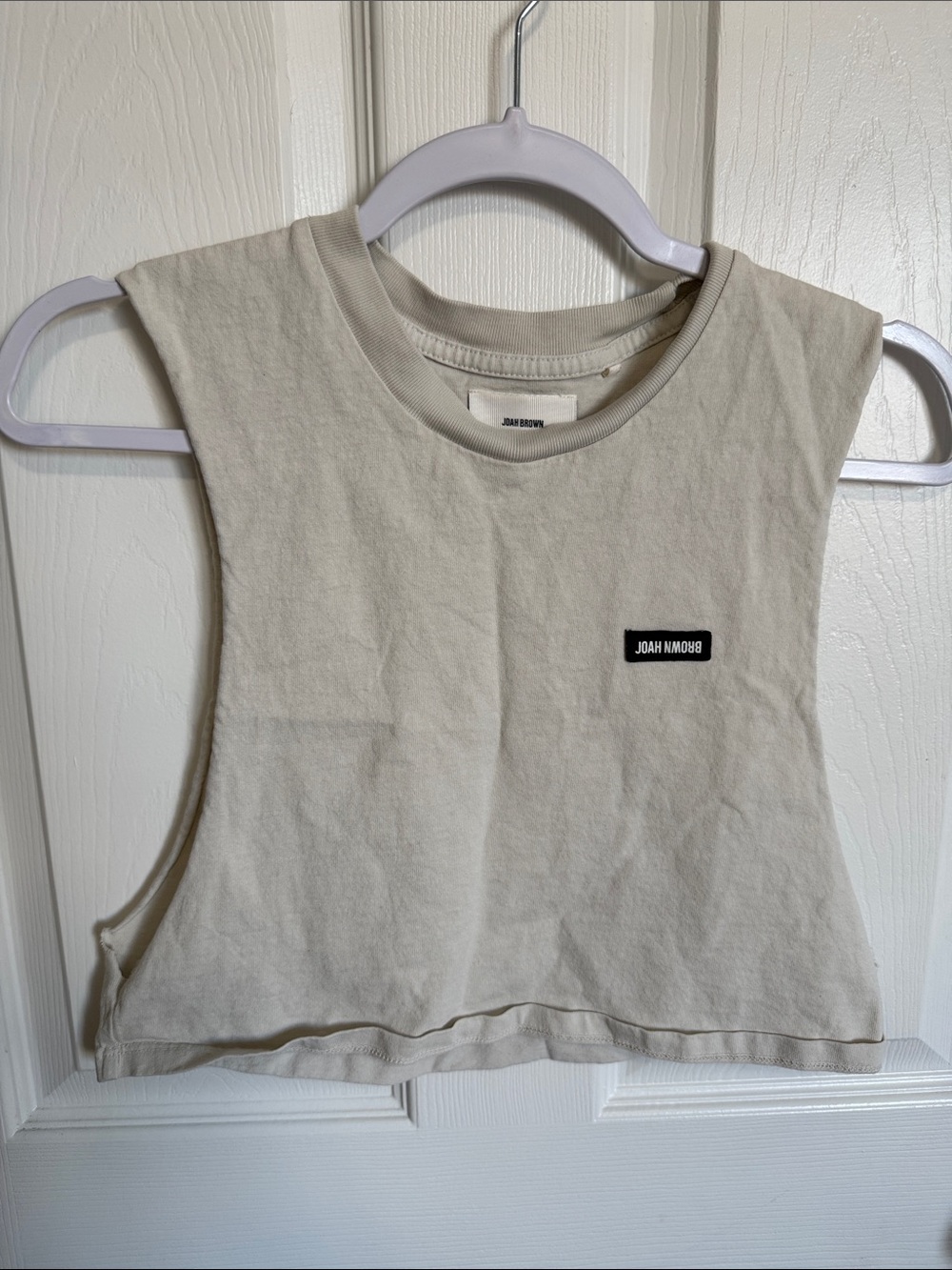 Joah Brown Cream Cropped Muscle Tank with Black Logo Patch